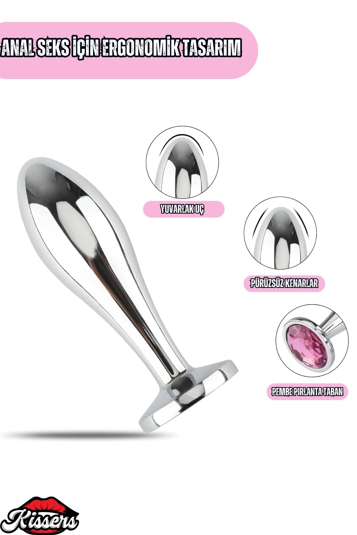 Paslanmaz Çelik  Gümüş Mücevher Kavisli Küçük Boy Lüks Anal Plug  7 Cm