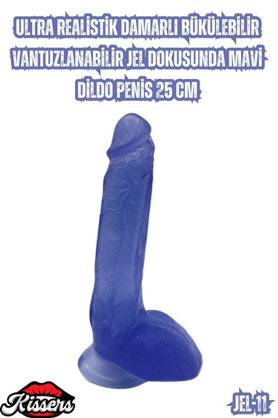 Ultra Realistik Damarlı Bükülebilir Vantuzlanabilir Jel Dokusunda mavi Dildo Penis 25 Cm