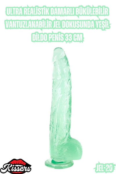 Ultra Realistik Damarlı Bükülebilir Vantuzlanabilir Jel Dokusunda Yeşil Dildo Penis 33 Cm