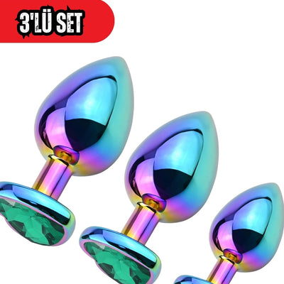 Paslanmaz Çelik  Rainbow  Kalpli Mücevher Çıkarılabilir Taşlı  Lüks Anal Plug  Ve Tıkaç 3'Lü Set