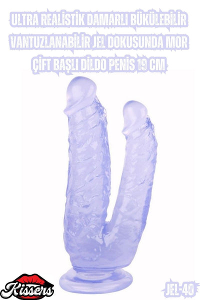 Ultra Realistik Damarlı Bükülebilir Vantuzlanabilir Jel Dokusunda mor Çift Başlı Dildo Penis 19 Cm