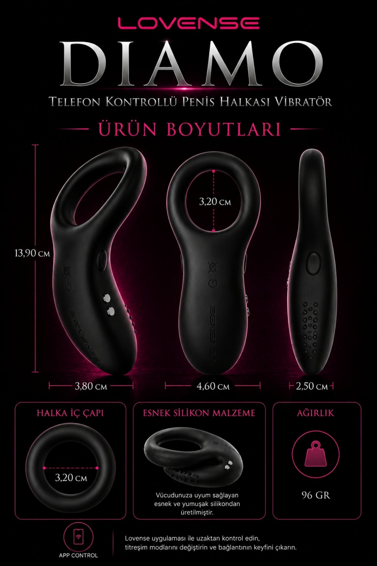 Lovense Dünyanin Her Yerinden Kontrol Edilebilen Diamo Telefon Kontrollü Güçlü Titreşimli Penis Halkası