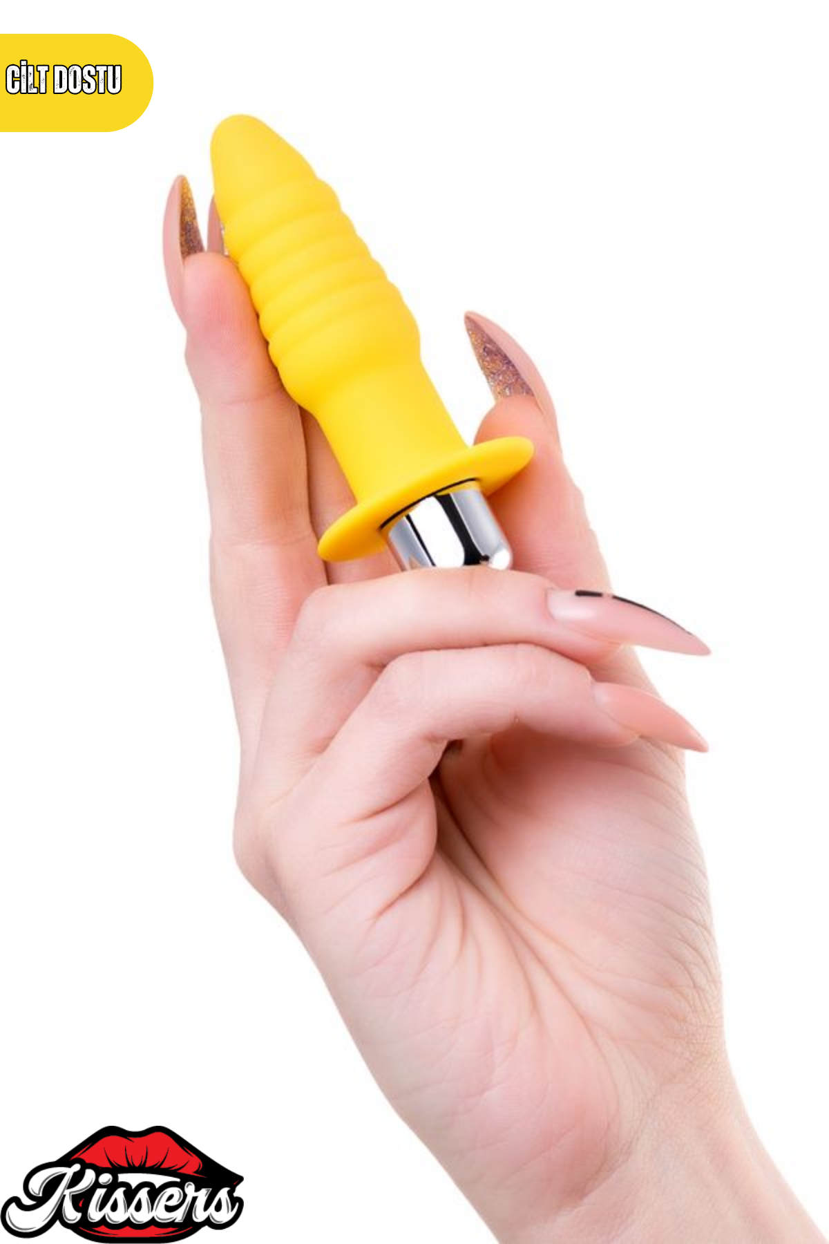 Lancy Titreşimli Silikon Boğumlu Kavisli Anal Plug 11 cm Sarı Tırtıklı Uyarıcılı