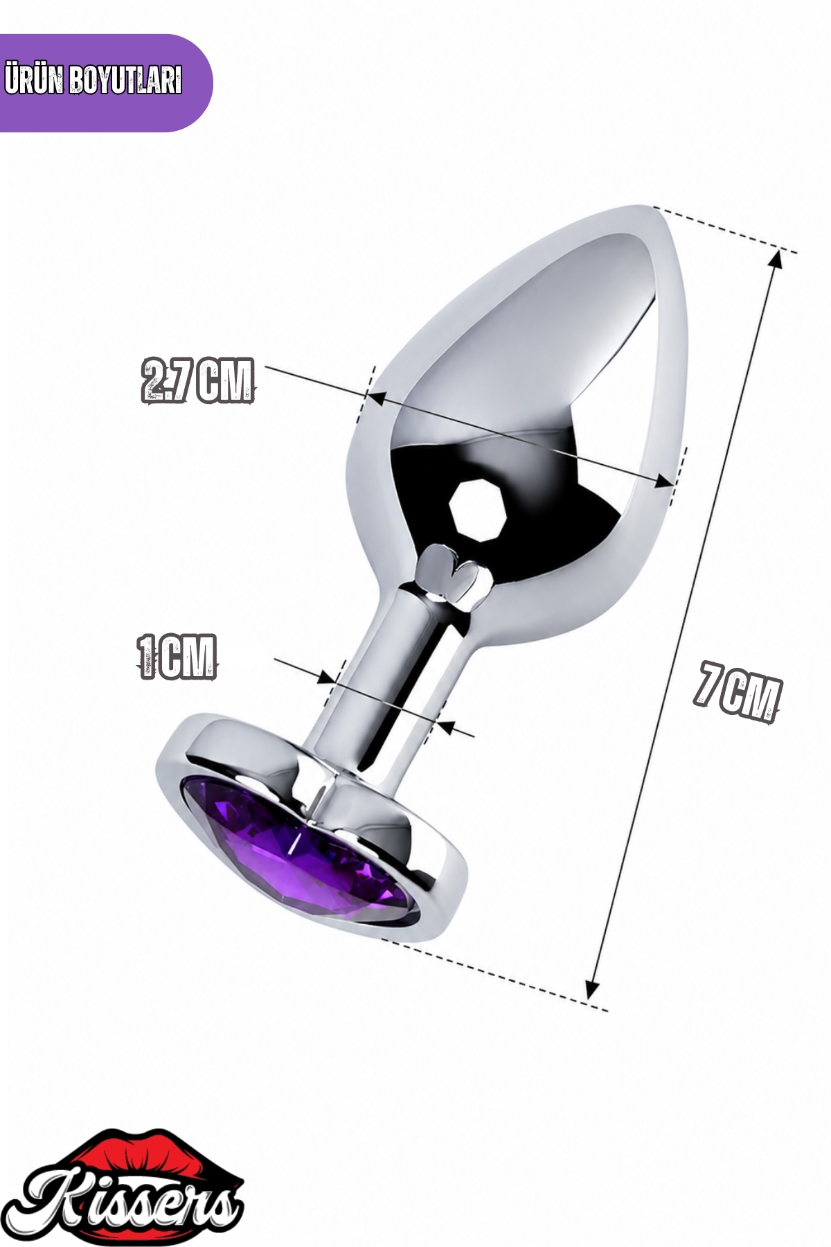 Paslanmaz Çelik Kalp Şekilli Mor Kristal Taşlı Lüks Gümüş Anal Plug ve Tıkaç 7 cm Su Geçirmez Metal Tasarım