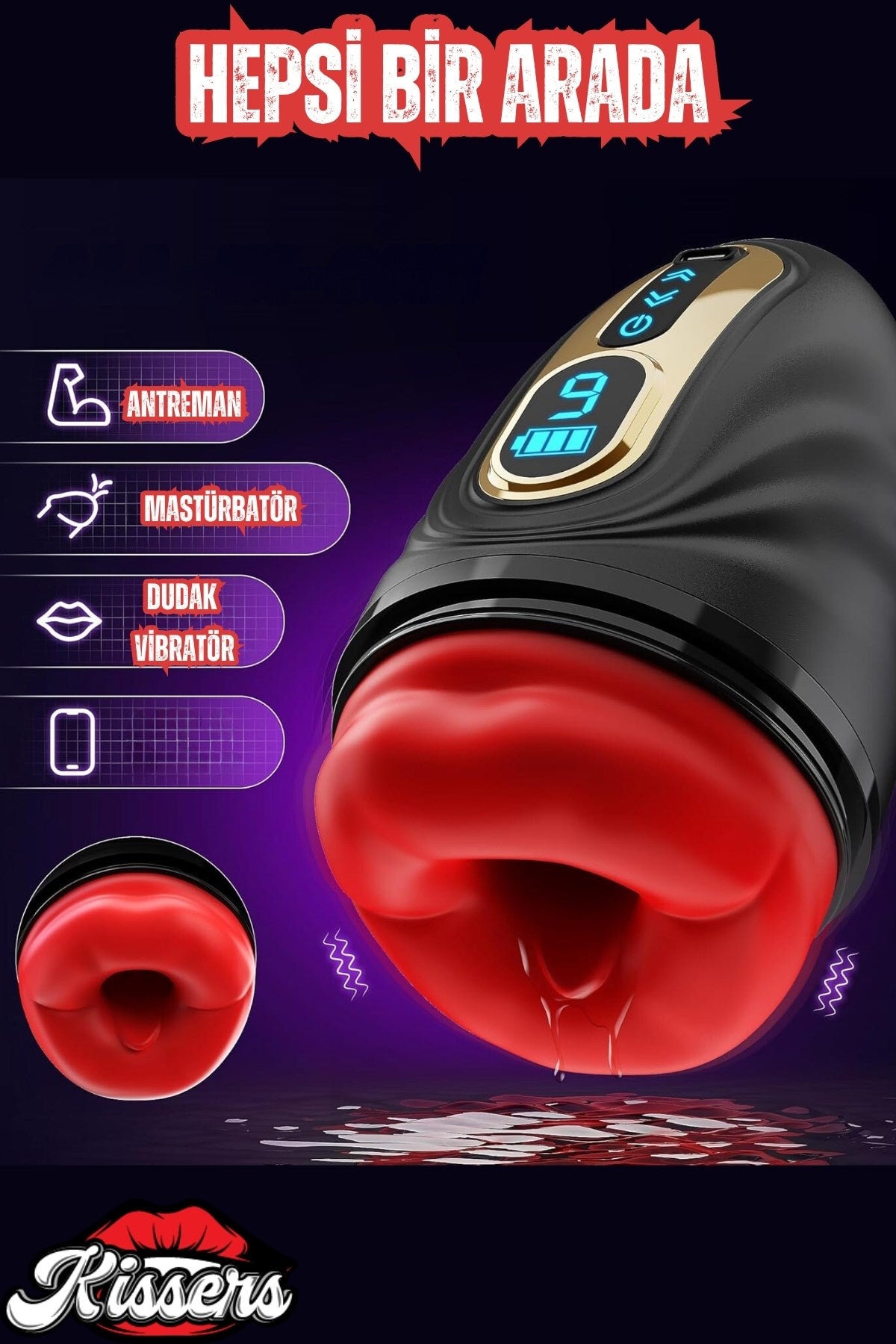 Akıllı Titreşimli Isıtmalı Dudak Tasarımlı Suni Vajina Oral Lcd Ekran Mastürbatör