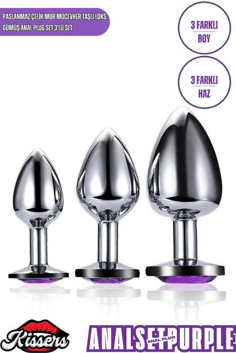 Paslanmaz Çelik Mor Kristal Taşlı Lüks Gümüş Anal Plug Seti 3'lü Set 7-8-9 cm Su Geçirmez Metal Tasarım