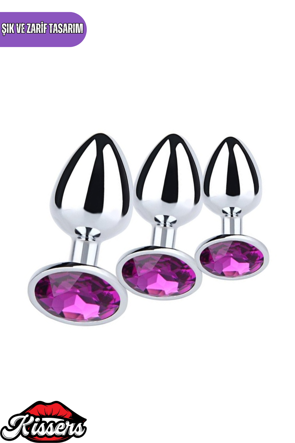 Paslanmaz Çelik Mor Kristal Taşlı Lüks Gümüş Anal Plug Seti 3'lü Set 7-8-9 cm Su Geçirmez Metal Tasarım