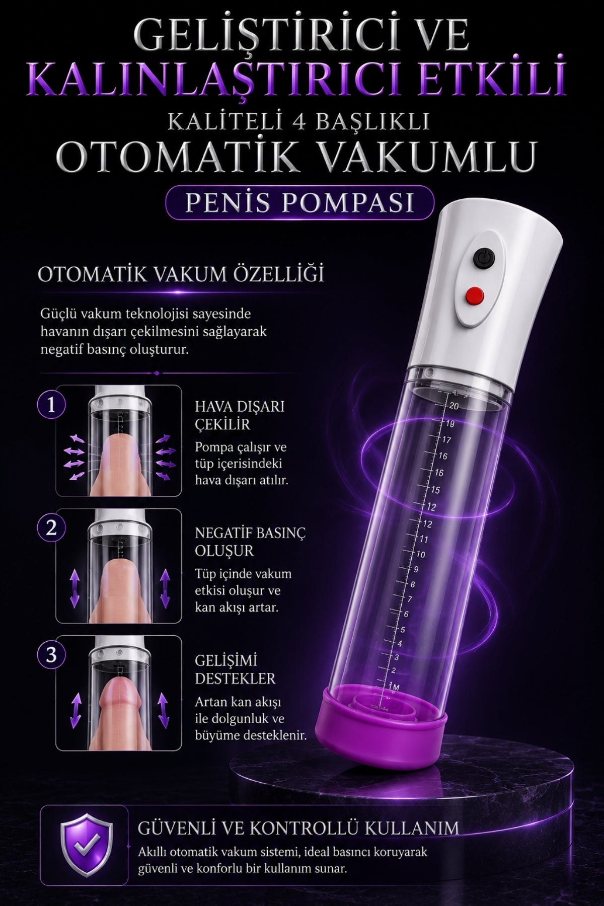 Geliştirici ve Kalınlaştırıcı Etkili Kaliteli 4 Başlıklı Otomatik Vakumlu Penis Pompası