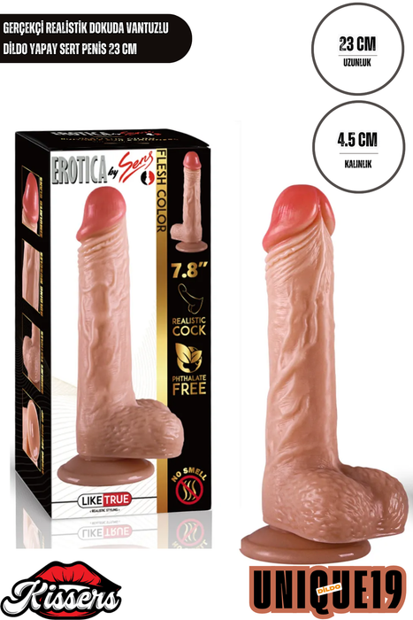 Gerçekçi Realistik Dokuda Vantuzlu Dildo Yapay Sert Penis 23 cm