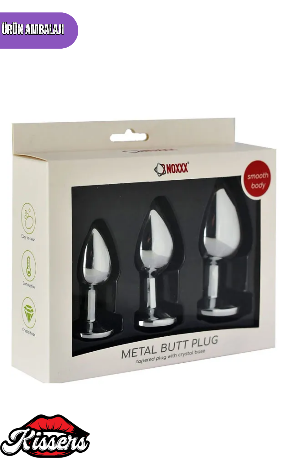 Paslanmaz Çelik Mor Kristal Taşlı Lüks Gümüş Anal Plug Seti 3'lü Set 7-8-9 cm Su Geçirmez Metal Tasarım