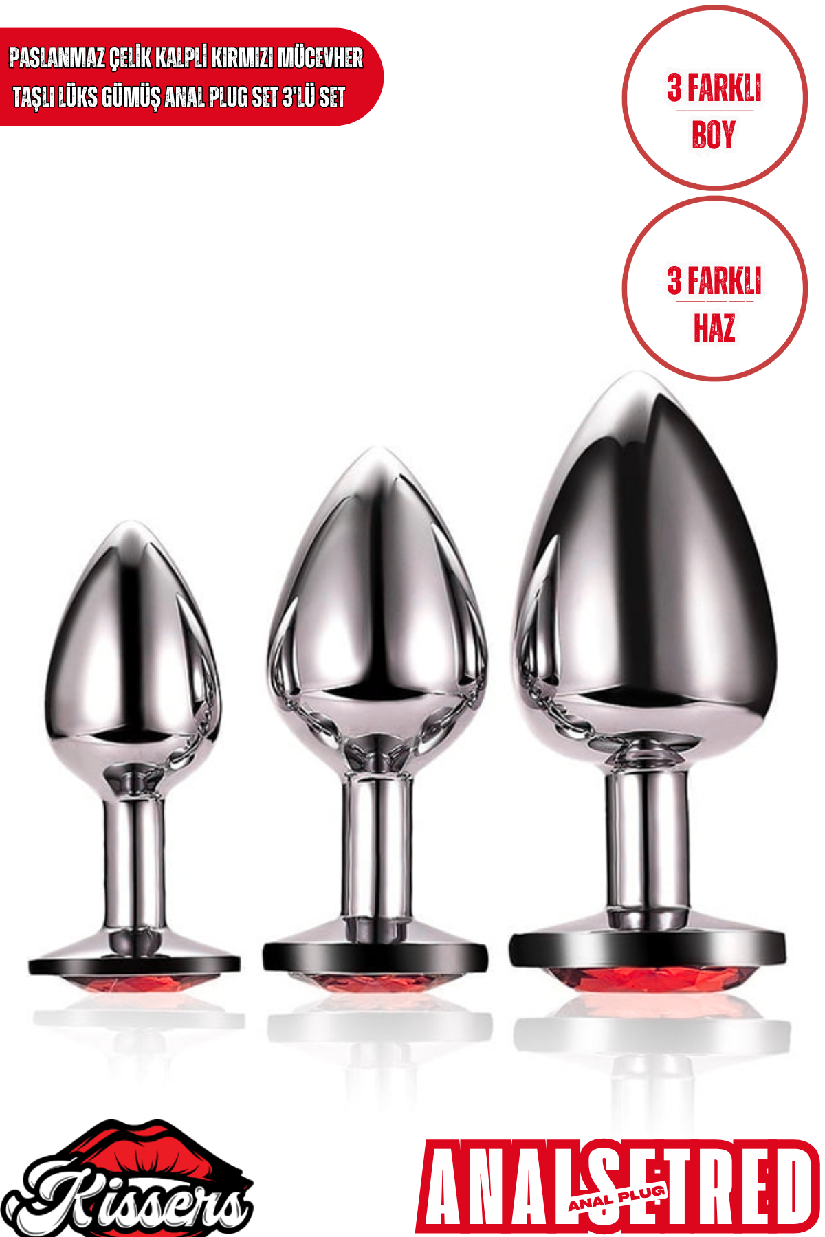 Paslanmaz Çelik Kalp Şekilli Kırmızı Kristal Taşlı Lüks Gümüş Anal Plug Seti 3'lü Set 7-8-9 cm Suya Dayanıklı Metal Tasarım