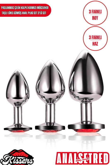 Paslanmaz Çelik Kalp Şekilli Kırmızı Kristal Taşlı Lüks Gümüş Anal Plug Seti 3'lü Set 7-8-9 cm Suya Dayanıklı Metal Tasarım