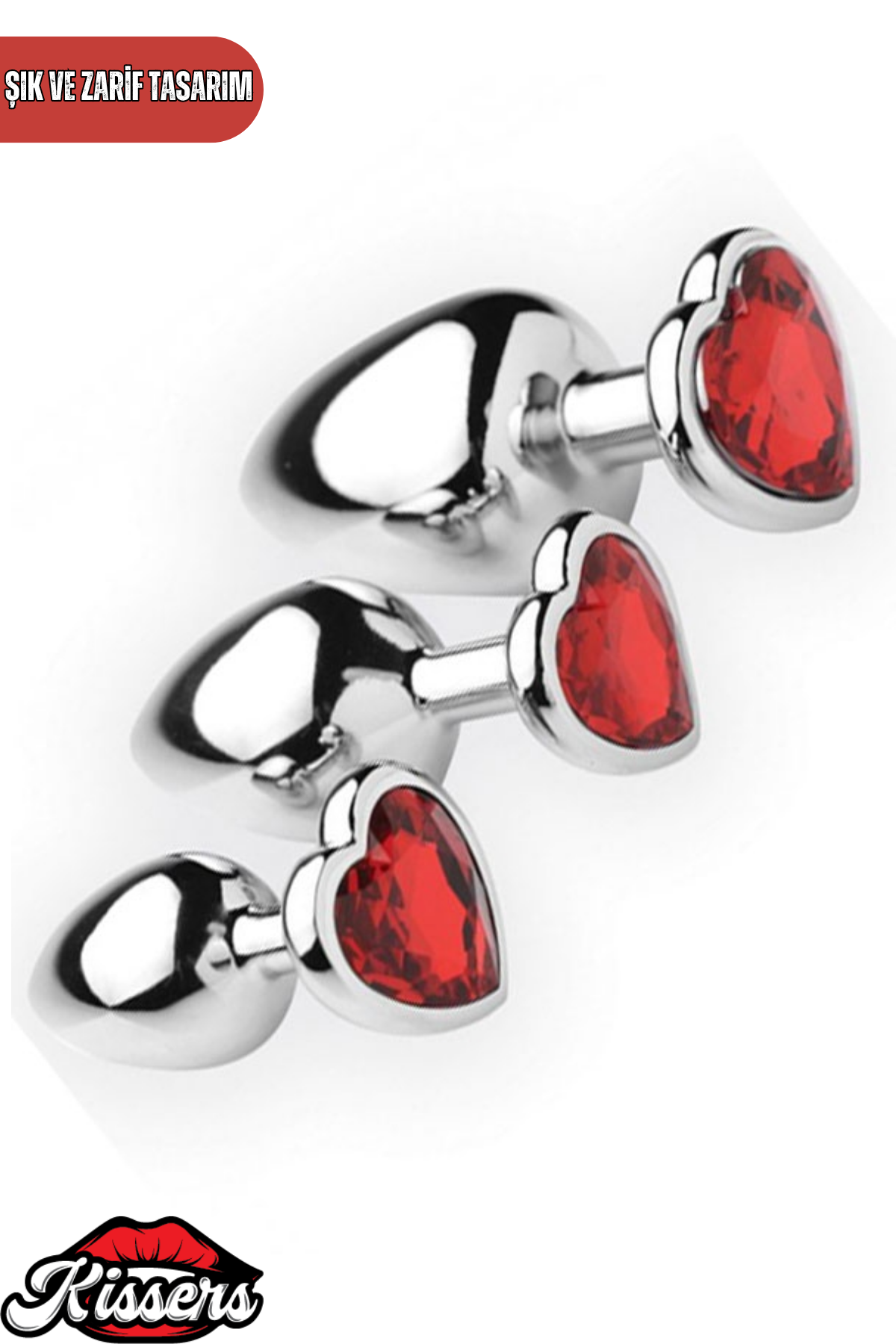 Paslanmaz Çelik Kalp Şekilli Kırmızı Kristal Taşlı Lüks Gümüş Anal Plug Seti 3'lü Set 7-8-9 cm Suya Dayanıklı Metal Tasarım