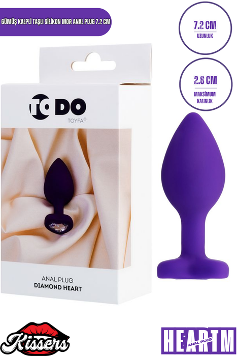 Diamond Heart Gümüş Kalpli Taşlı Silikon Anal Plug 7,2 cm Mor Medikal Silikon