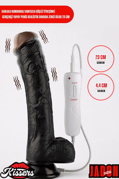 Kablolu Kumandalı Vantuzlu Güçlü Titreşimli Gerçekçi Yapay Penis Realistik Dokuda Zenci Dildo 23 cm