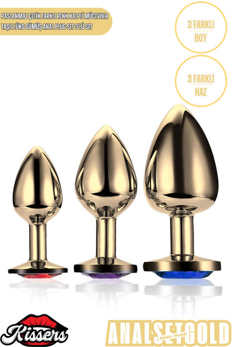 Paslanmaz Çelik Renkli Kalp Kristal Taşlı Lüks Gold Anal Plug Seti 3'lü Set 7-8-9 cm Suya Dayanıklı Metal Tasarım (Kopya)