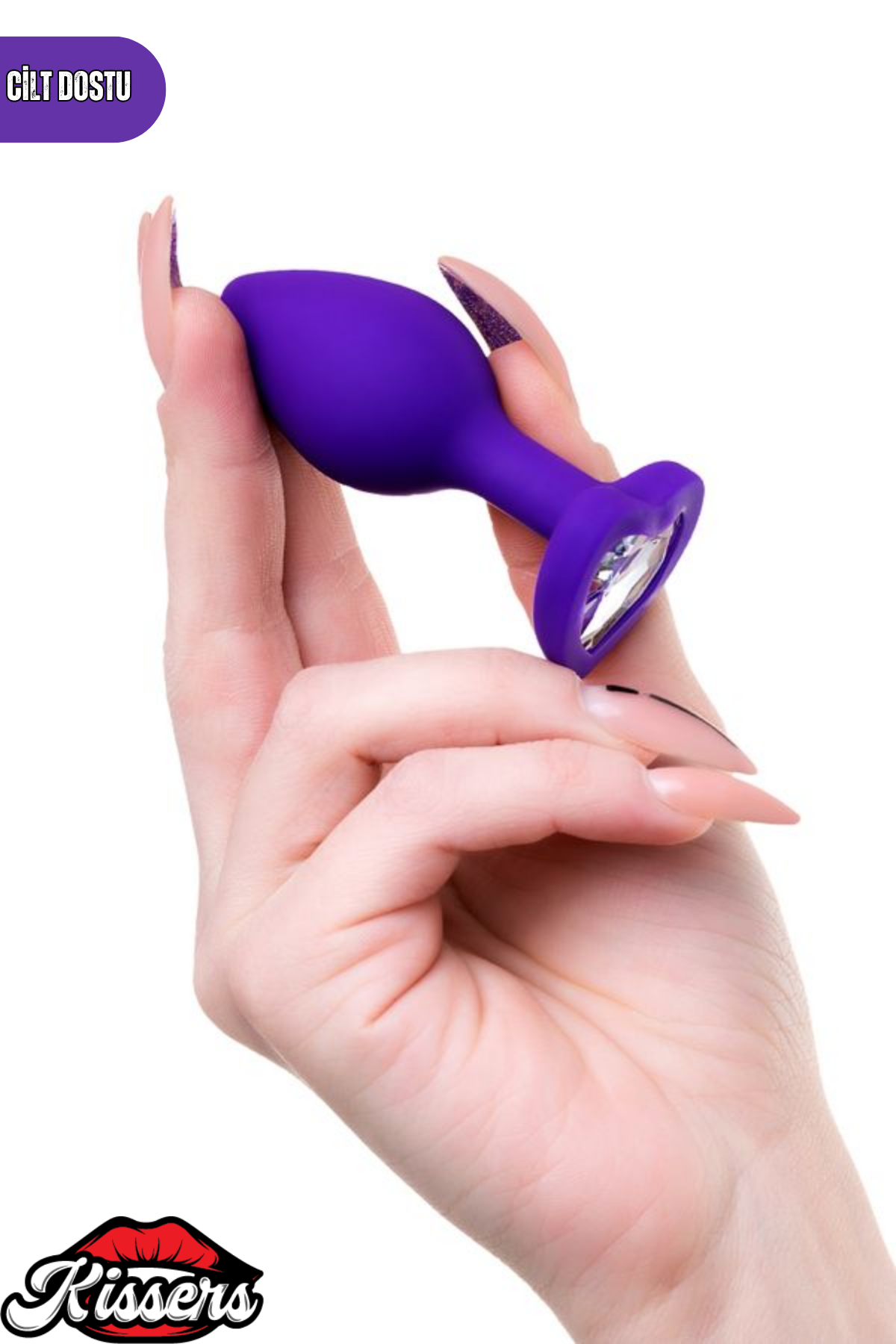 Diamond Heart Gümüş Kalpli Taşlı Silikon Anal Plug 7,2 cm Mor Medikal Silikon