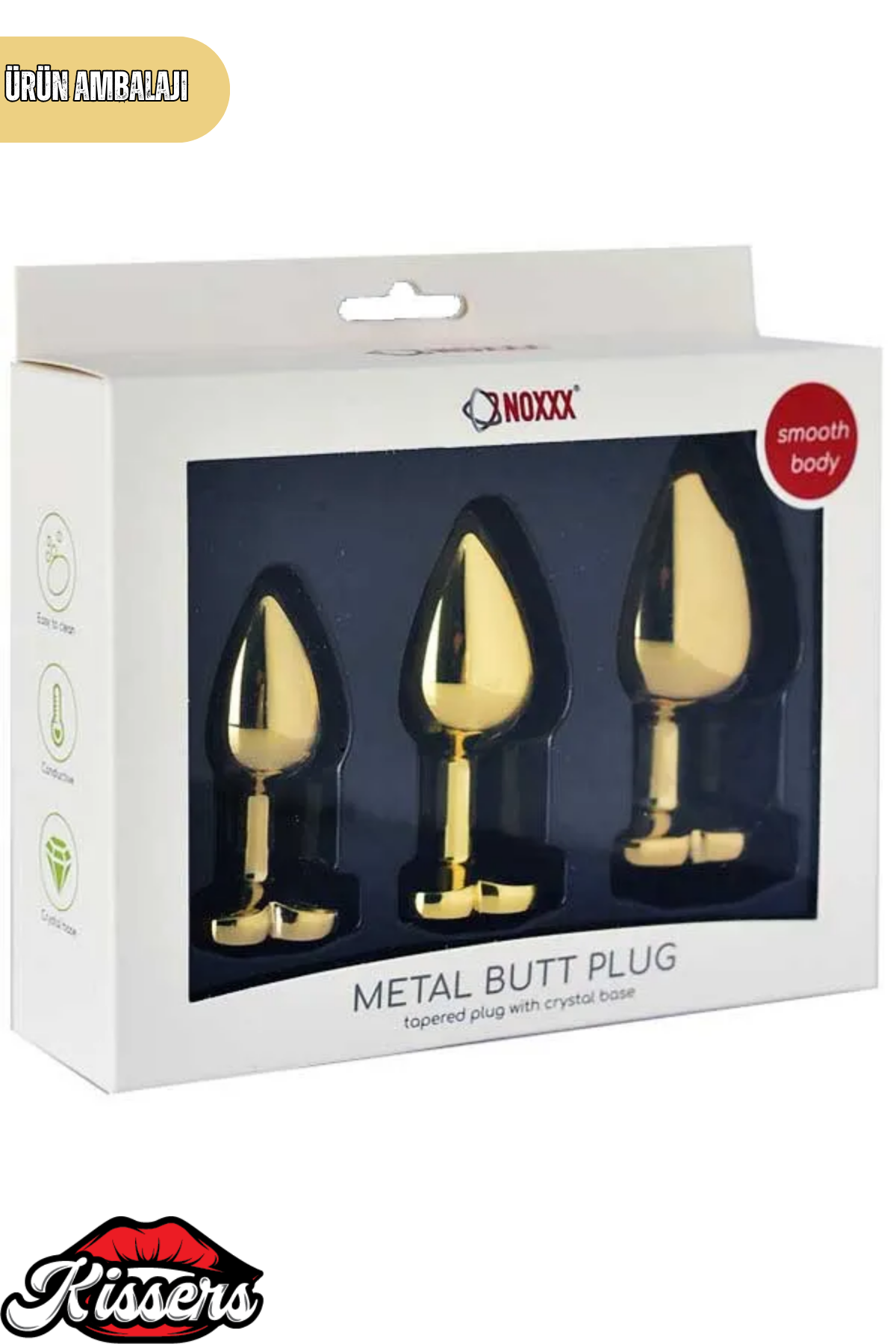 Paslanmaz Çelik Renkli Kalp Kristal Taşlı Lüks Gold Anal Plug Seti 3'lü Set 7-8-9 cm Suya Dayanıklı Metal Tasarım