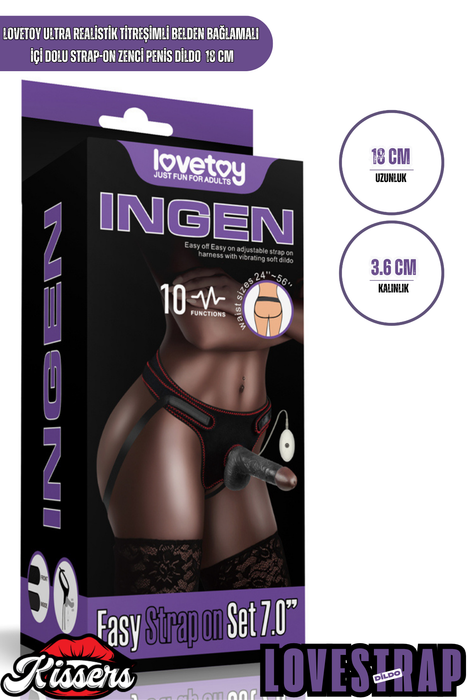 Lovetoy Ultra Realistik Titreşimli Belden Bağlamalı İçi Dolu Zenci Strap On Dildo 18 Cm