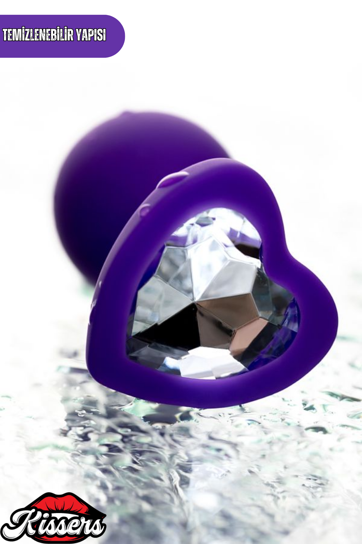 Diamond Heart Gümüş Kalpli Taşlı Silikon Anal Plug 7,2 cm Mor Medikal Silikon