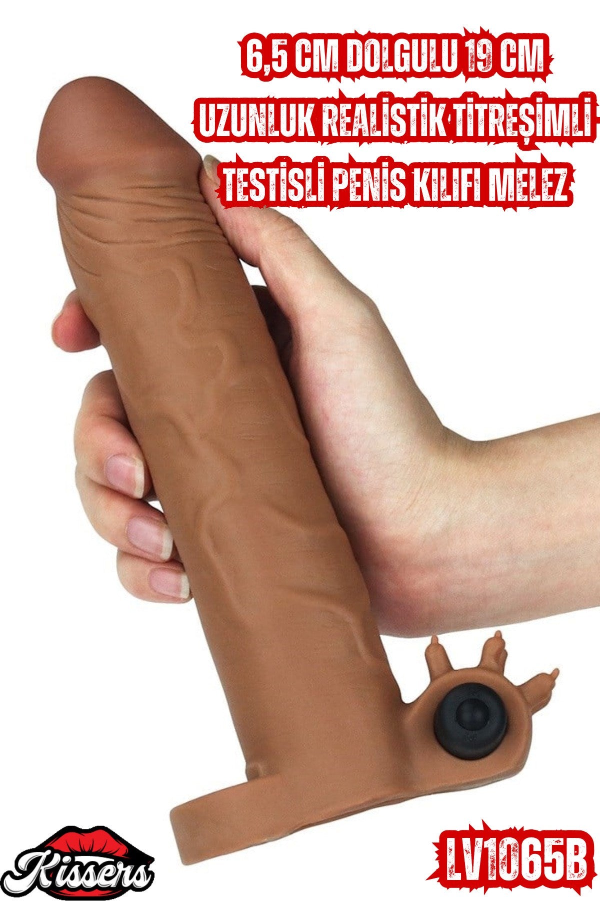 6,5 CM Dolgulu 19 CM Uzunluk Realistik Titreşimli Testisli Penis Kılıfı Melez