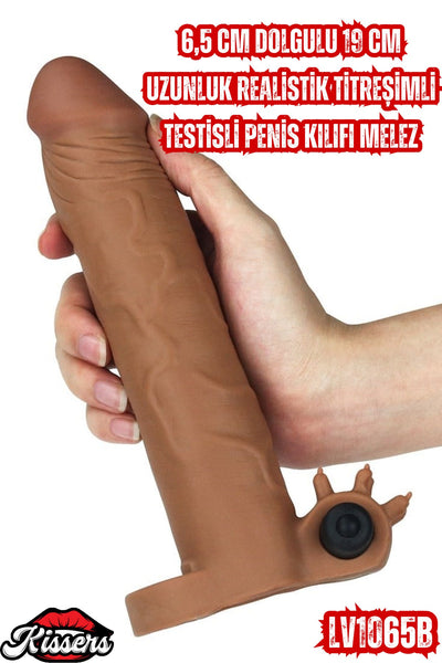 6,5 CM Dolgulu 19 CM Uzunluk Realistik Titreşimli Testisli Penis Kılıfı Melez