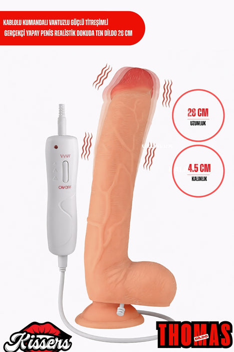 Kablolu Kumandalı Vantuzlu Güçlü Titreşimli Gerçekçi Yapay Penis Realistik Dokuda Ten Dildo 23 cm