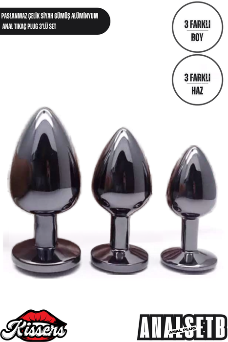 Paslanmaz Çelik Görünümlü Siyah Alüminyum Anal Plug Tıkaç Seti 3'lü Set 7-8.1-9 cm Suya Dayanıklı Tasarım