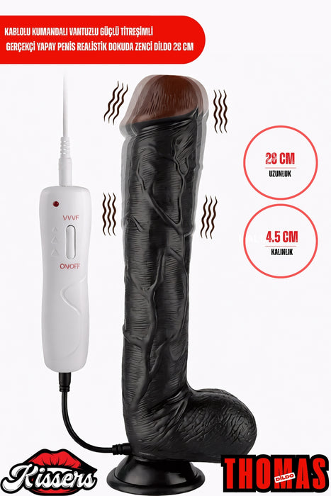 Kablolu Kumandalı Vantuzlu Güçlü Titreşimli Gerçekçi Yapay Penis Realistik Dokuda Zenci Dildo 28 cm