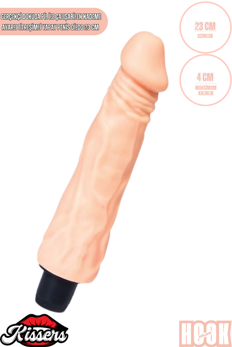 Gerçekçi Dokulu Titreşimli Yapay Penis Dildo 23 Cm TPE Pil Çalışan Çok Hızlı Vibratör
