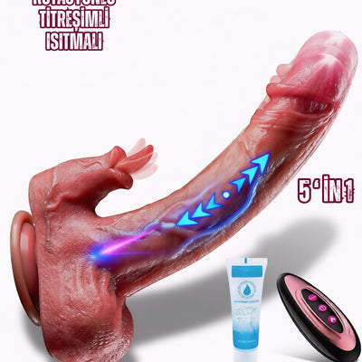 Uzaktan Kumandalı İleri Geri Hareketli Dil Yalama Modlu Isıtmalı Penis Ten Dildo Vibratör 21 Cm