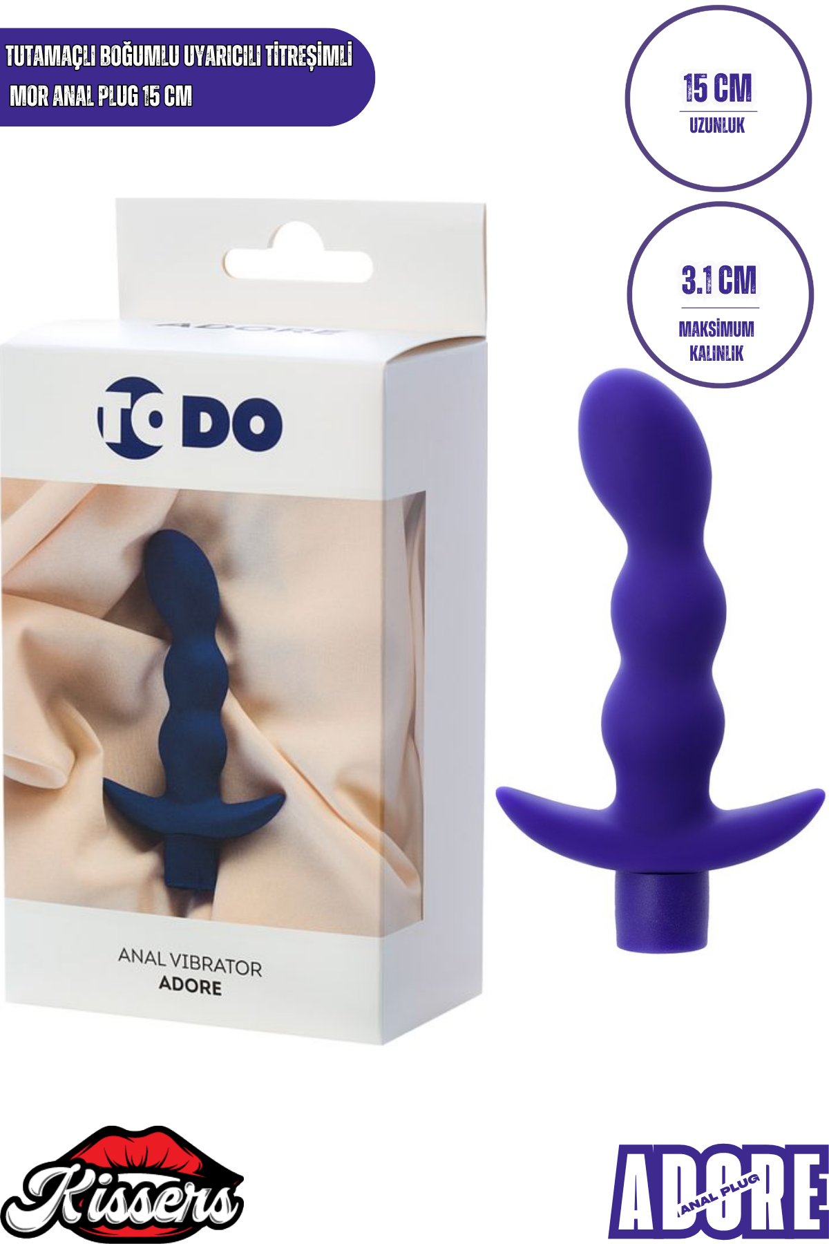 Adore Titreşimli Silikon Anal Plug 15 cm Mor Tutamaçlı Boğumlu Kavisli