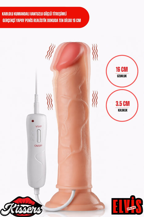 Kablolu Kumandalı Vantuzlu Güçlü Titreşimli Gerçekçi Yapay Penis Realistik Dokuda Ten Dildo 16 cm