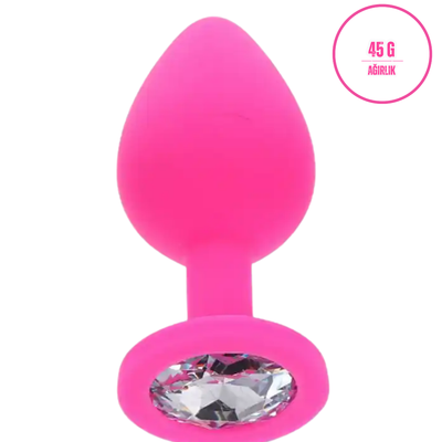 Yumuşak Silikon Dokulu Anal Plug Tıkaç 8 cm Pembe Gümüş Taşlı Suya Dayanıklı Tasarım