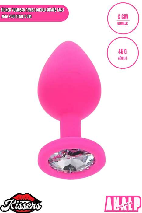 Yumuşak Silikon Dokulu Anal Plug Tıkaç 8 cm Pembe Gümüş Taşlı Suya Dayanıklı Tasarım