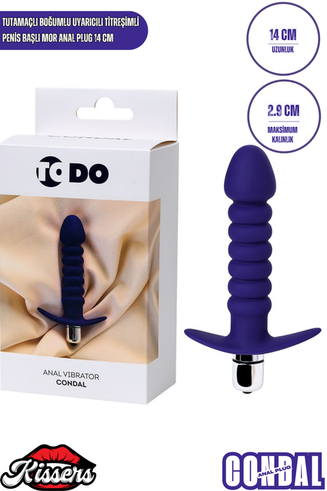 Condal Titreşimli Silikon Anal Plug 14 cm Mor Penis Başlı Tutamaçlı Boğumlu