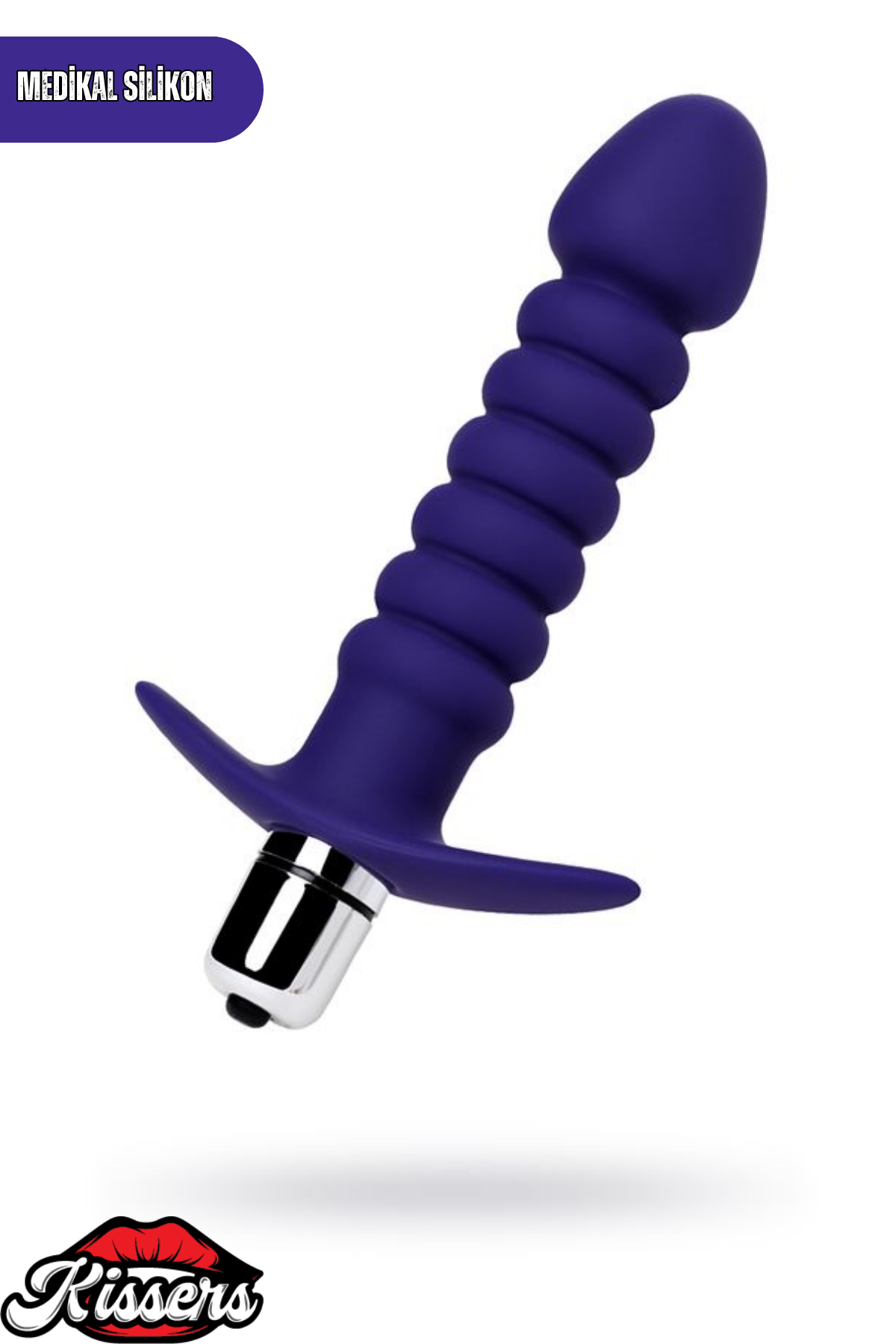 Condal Titreşimli Silikon Anal Plug 14 cm Mor Penis Başlı Tutamaçlı Boğumlu