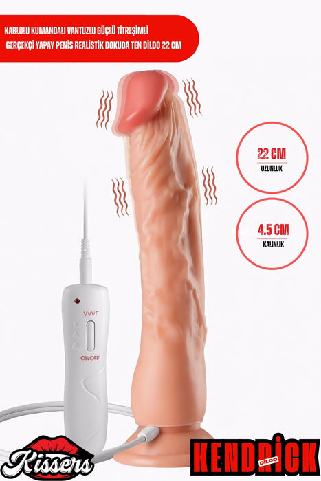 Kablolu Kumandalı Vantuzlu Güçlü Titreşimli Gerçekçi Yapay Penis Realistik Dokuda Ten Dildo 22 cm