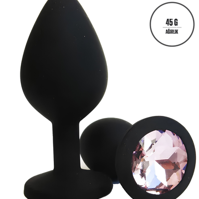 Yumuşak Siyah Silikon Dokulu Anal Plug Tıkaç 8 cm Kırmızı Kristal Taşlı Medium Suya Dayanıklı Tasarım