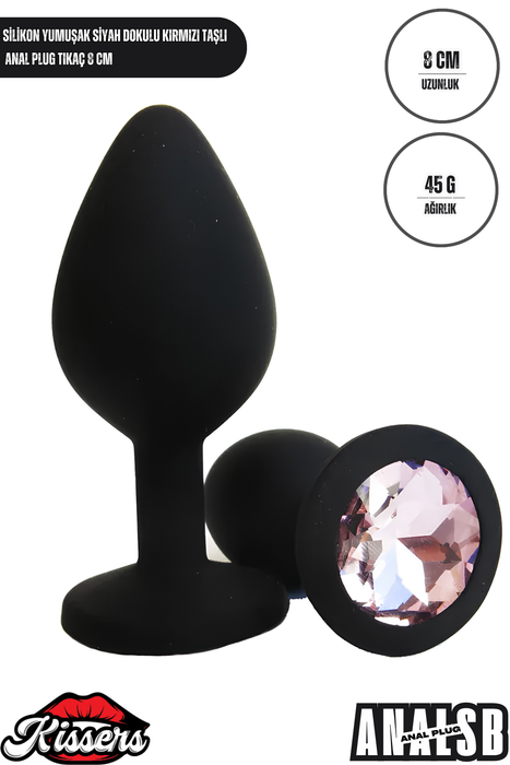 Yumuşak Siyah Silikon Dokulu Anal Plug Tıkaç 8 cm Kırmızı Kristal Taşlı Medium Suya Dayanıklı Tasarım