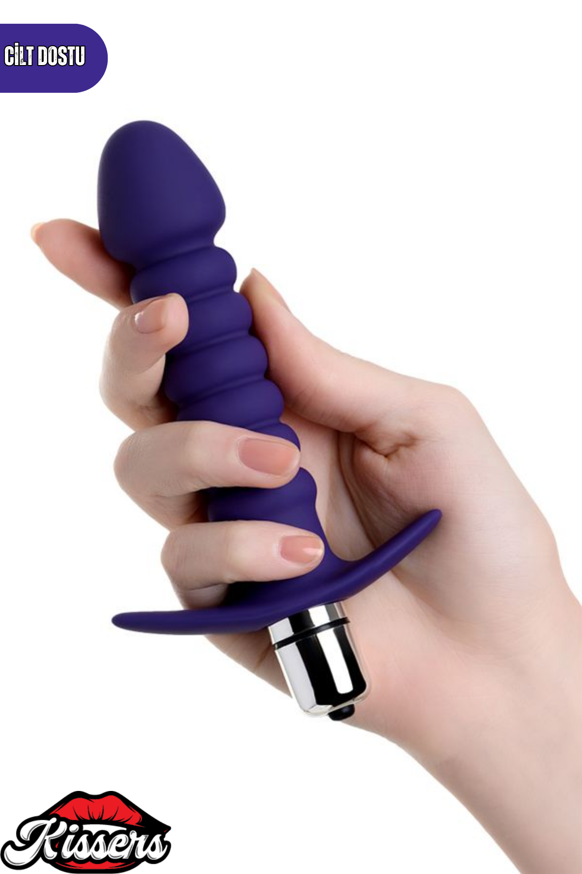Condal Titreşimli Silikon Anal Plug 14 cm Mor Penis Başlı Tutamaçlı Boğumlu