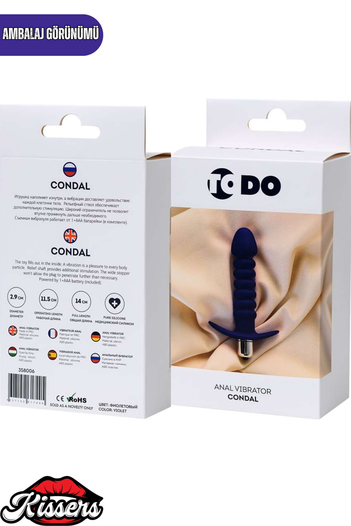Condal Titreşimli Silikon Anal Plug 14 cm Mor Penis Başlı Tutamaçlı Boğumlu