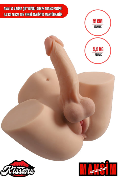 Anal ve Vajina Çift Girişli Erkek Trans Penisli 5.8 Kg 19 cm Ten Rengi Realistik Mastürbatör