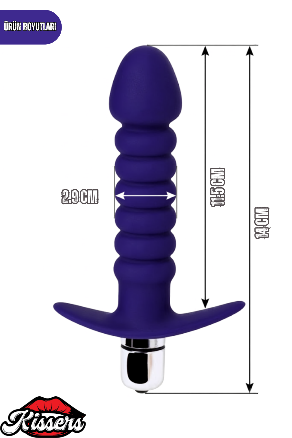 Condal Titreşimli Silikon Anal Plug 14 cm Mor Penis Başlı Tutamaçlı Boğumlu