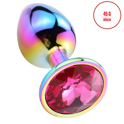 Paslanmaz Çelik Gökkuşağı Kristal Taşlı Lüks Gümüş Anal Plug ve Tıkaç 7 cm Suya Dayanıklı Metal Tasarım