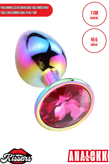 Paslanmaz Çelik Gökkuşağı Kristal Taşlı Lüks Gümüş Anal Plug ve Tıkaç 7 cm Suya Dayanıklı Metal Tasarım