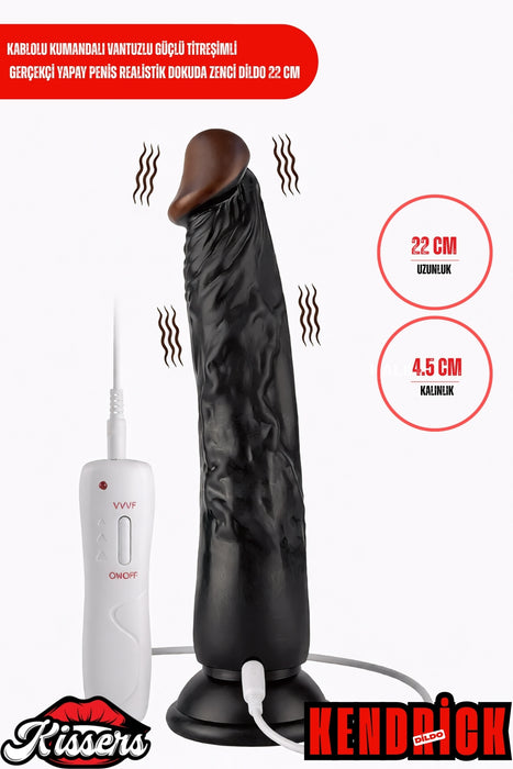 Kablolu Kumandalı Vantuzlu Güçlü Titreşimli Gerçekçi Yapay Penis Realistik Dokuda Zenci Dildo 22 cm