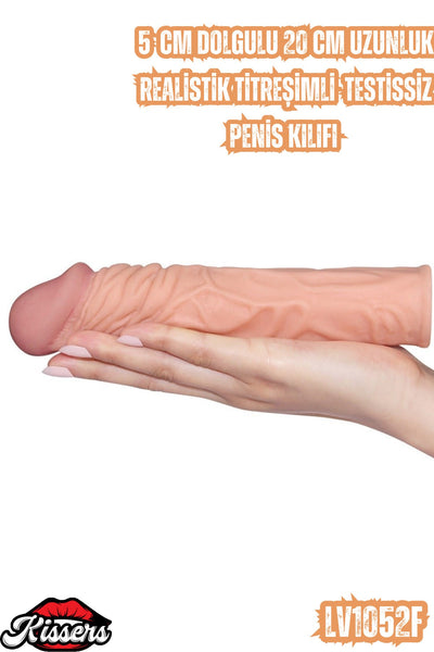5 CM Dolgulu 20 CM Uzunluk Realistik Titreşimli Testissiz Penis Kılıfı