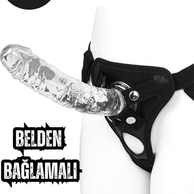 Şeffaf Jel Dokusunda Testissiz Damarlı Belden Bağlamalı Lüx Kemerli Realistik Penis Dildo 20 Cm
