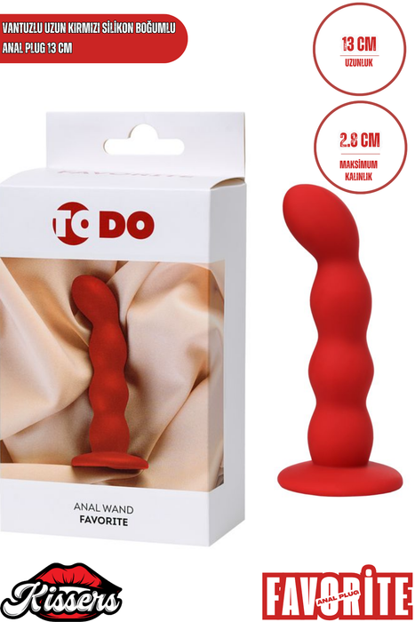Favorite Vantuzlu Silikon Anal Plug 13 cm Kırmızı Boğumlu Kavisli Medikal Silikon